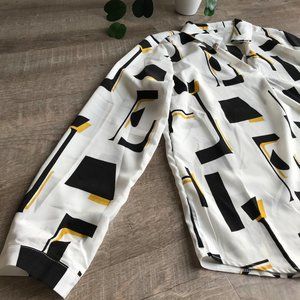 Geometric Print Long Sleeve Chiffon Like Blouse, L